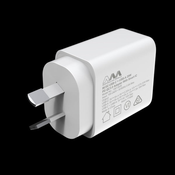 Australian Mobile AMC02 USB-C + USB-A 20W PD QC3.0 Adapter With Smart IC - (SAA APPROVED Australia Safety Product)