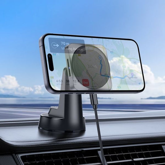 hoco. HW16 Speed Mag Wireless Fast Charging Car Holder Center Console (MagSafe Compatible) - Black Metal Gray