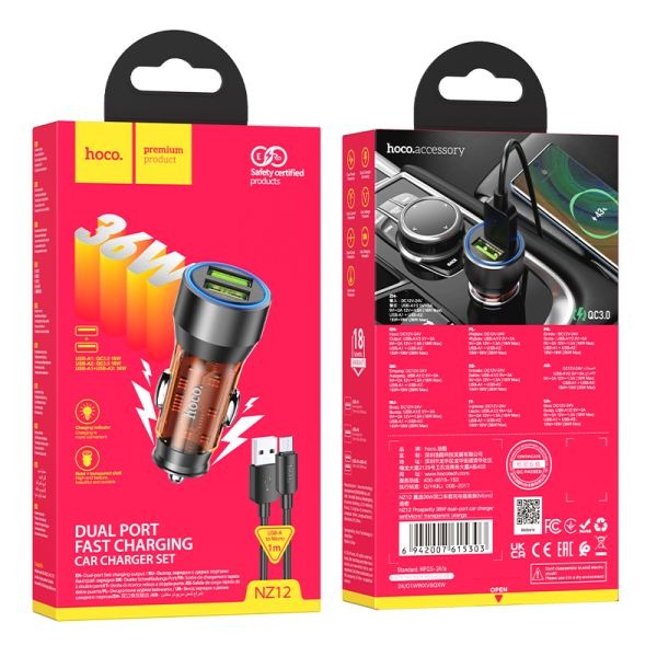 hoco. NZ12 Prosperity 36W Dual-Port Car Charger Set Micro - Transparent Orange