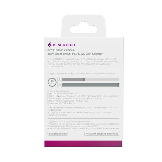 BLACKTECH BC13 1C 1A 35W Super Small PPS PD GaN Charger - White (SAA APPROVED Australia Safety Product)