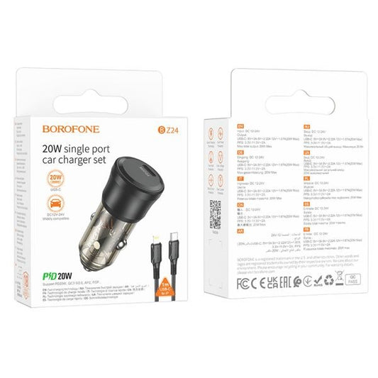 BOROFONE BZ24 Clever Single Port PD20W Car Charger Set(C to iP) - Transparent Black