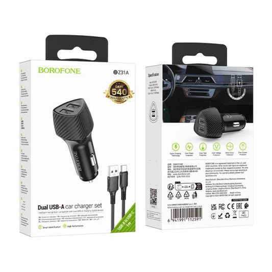BOROFONE BZ31A Solid Dual-Port Car Charger Set(Type-C) - Black