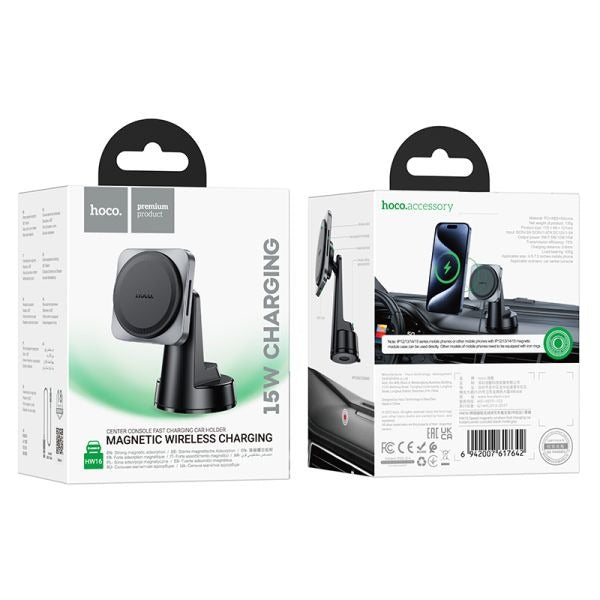 hoco. HW16 Speed Mag Wireless Fast Charging Car Holder Center Console (MagSafe Compatible) - Black Metal Gray