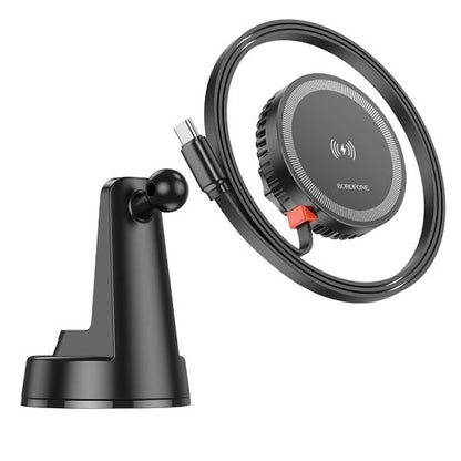 BOROFONE BH208 Mona Retractable Mag Wireless Fast Charging Car Holder Center Console (MagSafe Compatible) - Black