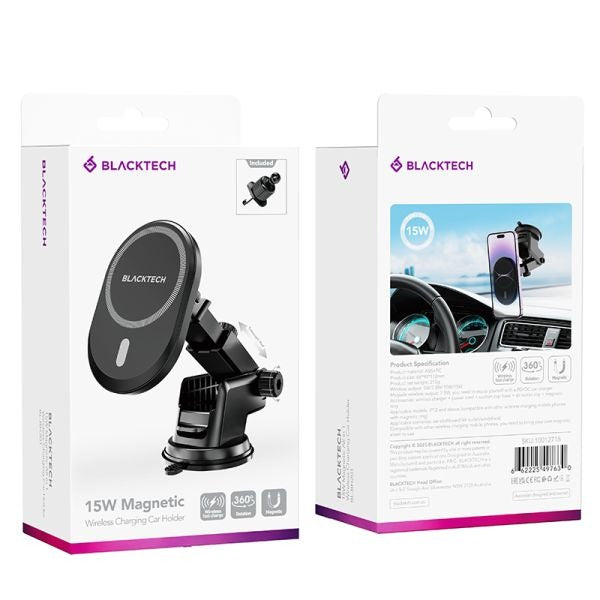 BLACKTECH BL-BH201 15W Super Mag All in 1 Wireless Charging Car Holder (MagSafe Compatible) - Black