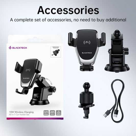 BLACKTECH BL-DCA21 Plus 15W Wireless Charging All in 1 Car Holder Set - Black