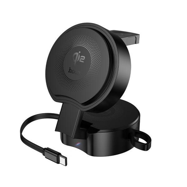 hoco. DWQ02 Qi2 3 in 1 Aluminum Alloy Foldable Wireless Charger with Retractable Cable - Black