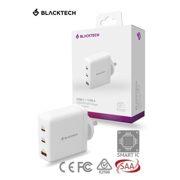 BLACKTECH 2C1A 120W PD QC Adapter With Smart IC - White (SAA APPROVED Australia Safety Product)