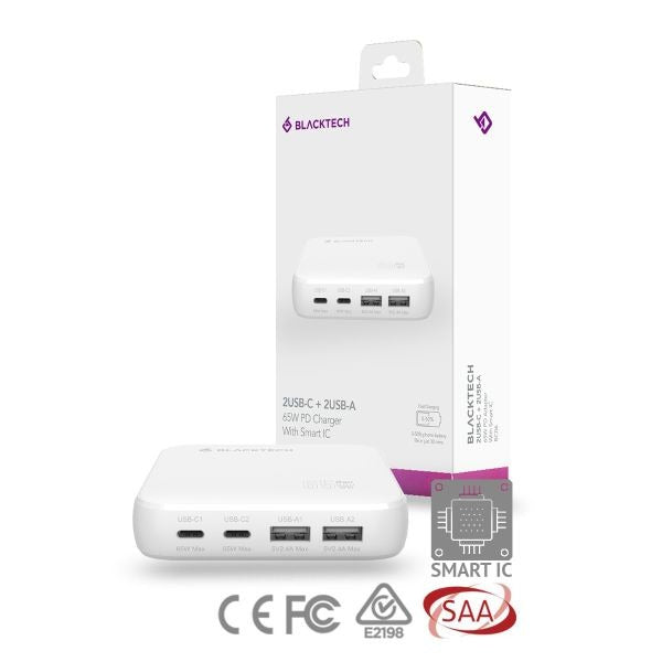 BLACKTECH BC06 Dual USB-C Dual USB-A 65W PD Adapter With Smart IC - White (SAA APPROVED Australia Safety Product)