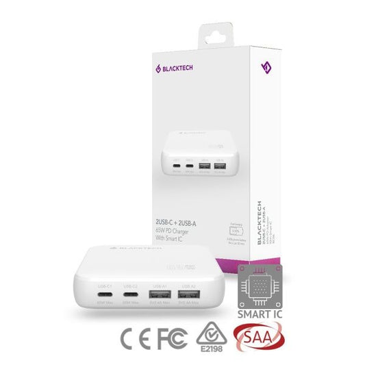 BLACKTECH BC06 Dual USB-C Dual USB-A 65W PD Adapter With Smart IC - White (SAA APPROVED Australia Safety Product)