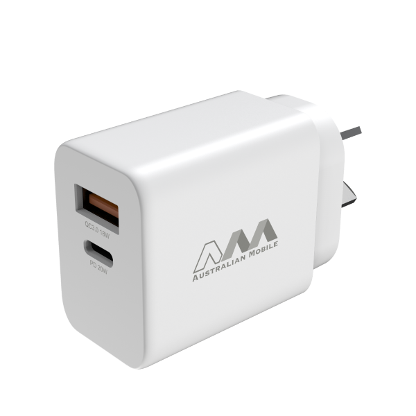Australian Mobile AMC02 USB-C + USB-A 20W PD QC3.0 Adapter With Smart IC - (SAA APPROVED Australia Safety Product)