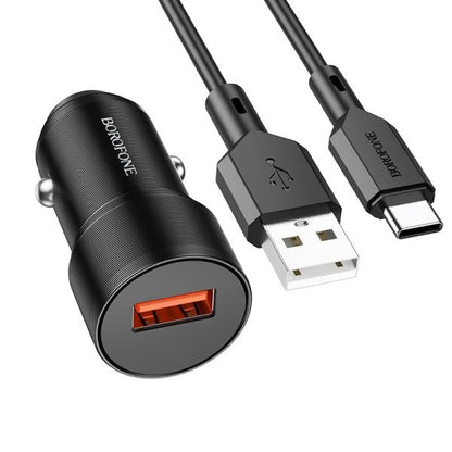 BOROFONE BZ19A Wisdom Single Port QC3.0 Car Charger Set(Type-C) - Black