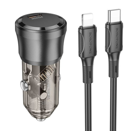 BOROFONE BZ24 Clever Single Port PD20W Car Charger Set(C to iP) - Transparent Black