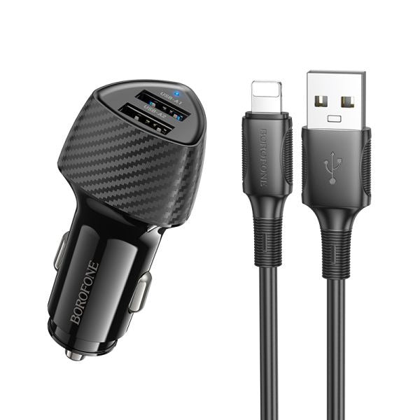 BOROFONE BZ31A Solid Dual-Port Car Charger Set(iP) - Black