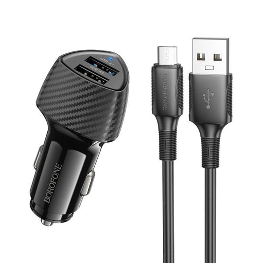 BOROFONE BZ31A Solid Dual-Port Car Charger Set(Micro) - Black