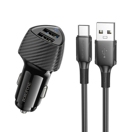 BOROFONE BZ31A Solid Dual-Port Car Charger Set(Type-C) - Black