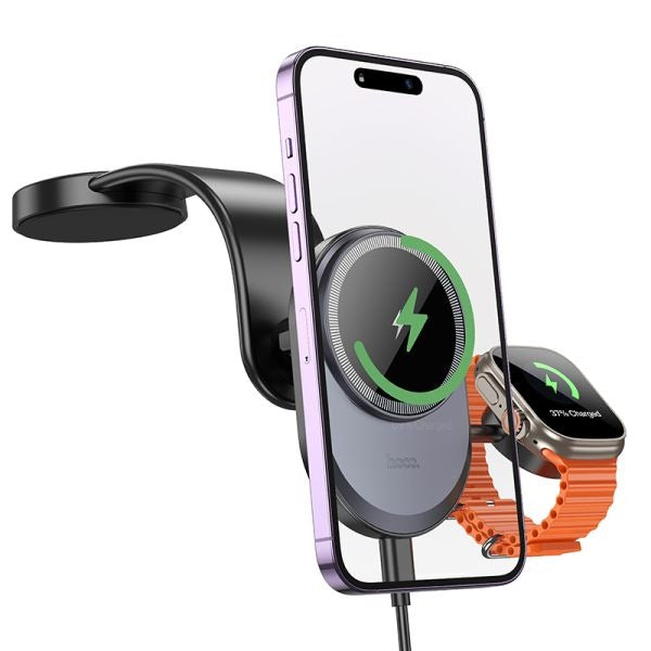 hoco. HW28 Excelso 2-in-1 Wireless Fast Charging Car Holder Center Console (MagSafe Compatible) - Black Gray