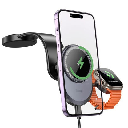 hoco. HW28 Excelso 2-in-1 Wireless Fast Charging Car Holder Center Console (MagSafe Compatible) - Black Gray