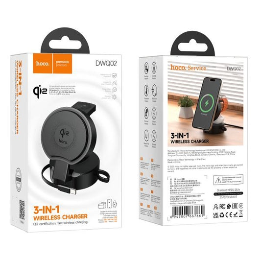 hoco. DWQ02 Qi2 3 in 1 Aluminum Alloy Foldable Wireless Charger with Retractable Cable - Black