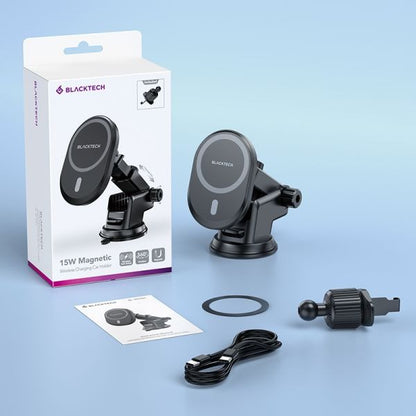 BLACKTECH BL-BH201 15W Super Mag All in 1 Wireless Charging Car Holder (MagSafe Compatible) - Black