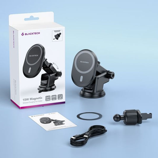 BLACKTECH BL-BH201 15W Super Mag All in 1 Wireless Charging Car Holder (MagSafe Compatible) - Black