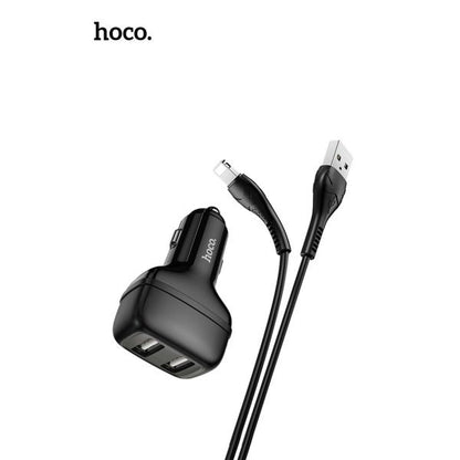 hoco. Z36 Dual USB-A Car Charger With Lightning Cable - Black