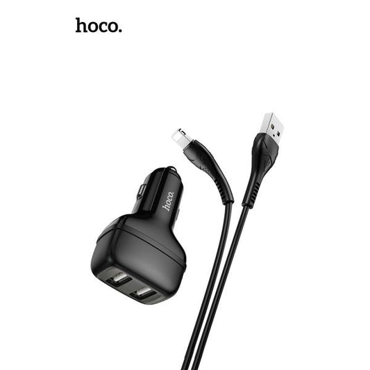hoco. Z36 Dual USB-A Car Charger With Lightning Cable - Black