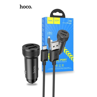 hoco. Z49 Dual USB-A Car Charger With Micro USB Cable - Black