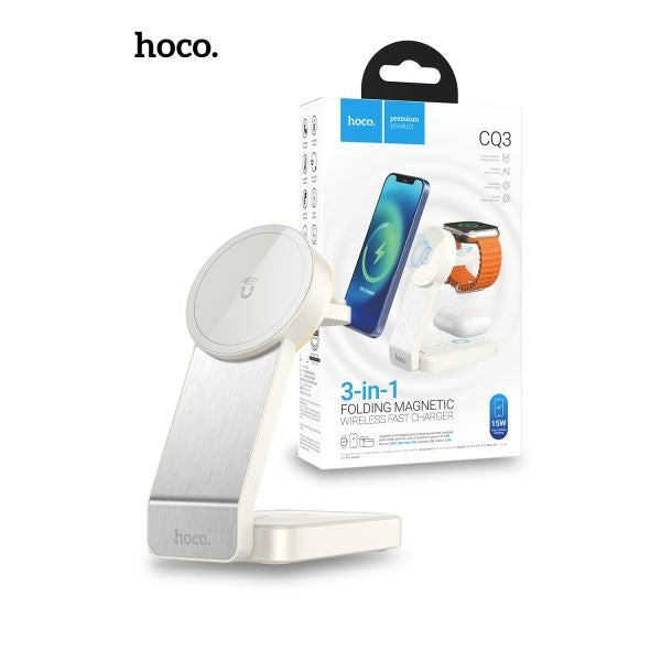 hoco. CQ3 15W Motorcycle Folding 3 in 1 Mag Fast Wireless Charger (MagSafe Compatible) - White