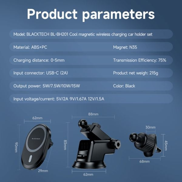 BLACKTECH BL-BH201 15W Super Mag All in 1 Wireless Charging Car Holder (MagSafe Compatible) - Black