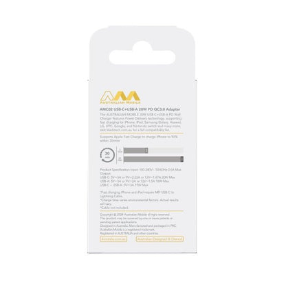 Australian Mobile AMC02 USB-C + USB-A 20W PD QC3.0 Adapter With Smart IC - (SAA APPROVED Australia Safety Product)