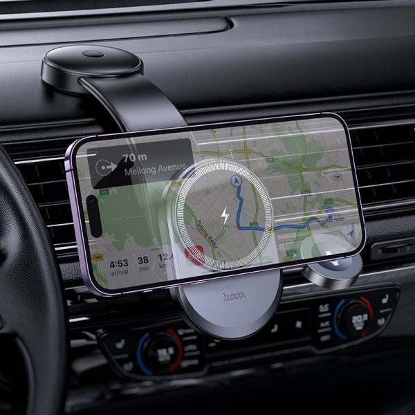 hoco. HW28 Excelso 2-in-1 Wireless Fast Charging Car Holder Center Console (MagSafe Compatible) - Black Gray