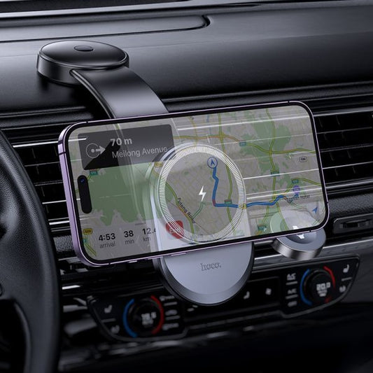 hoco. HW28 Excelso 2-in-1 Wireless Fast Charging Car Holder Center Console (MagSafe Compatible) - Black Gray