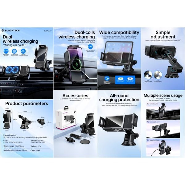 BLACKTECH BL-DCA59 Dual Coil Automatic Rotating Wireless Charging Car Holder - Black