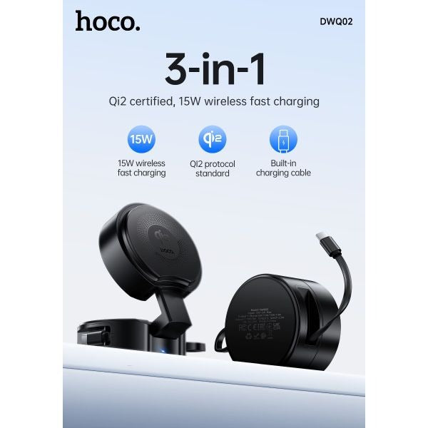hoco. DWQ02 Qi2 3 in 1 Aluminum Alloy Foldable Wireless Charger with Retractable Cable - Black