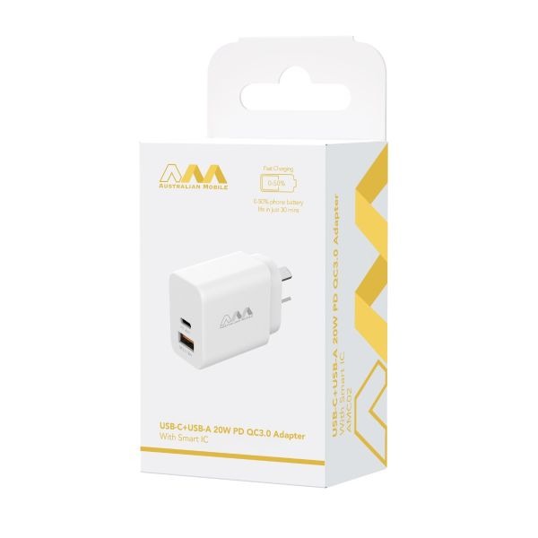 Australian Mobile AMC02 USB-C + USB-A 20W PD QC3.0 Adapter With Smart IC - (SAA APPROVED Australia Safety Product)