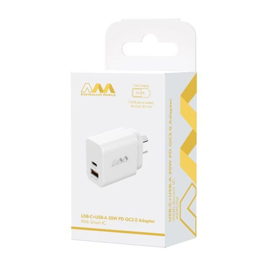 Australian Mobile AMC02 USB-C + USB-A 20W PD QC3.0 Adapter With Smart IC - (SAA APPROVED Australia Safety Product)