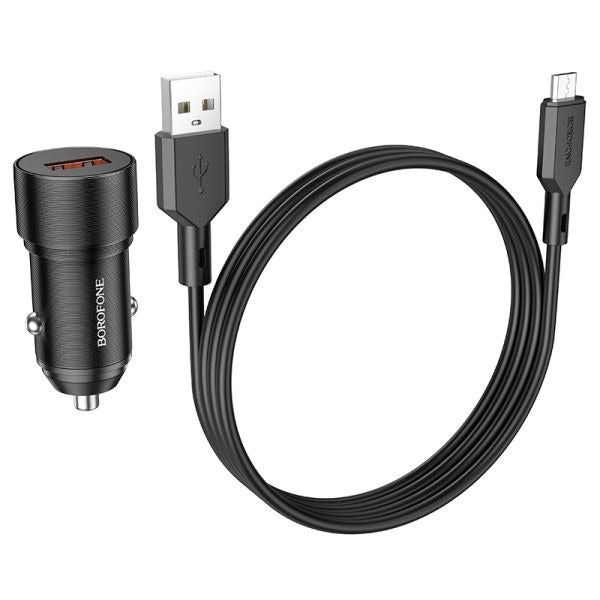 BOROFONE BZ19A Wisdom Single Port QC3.0 Car Charger Set(Micro) - Black