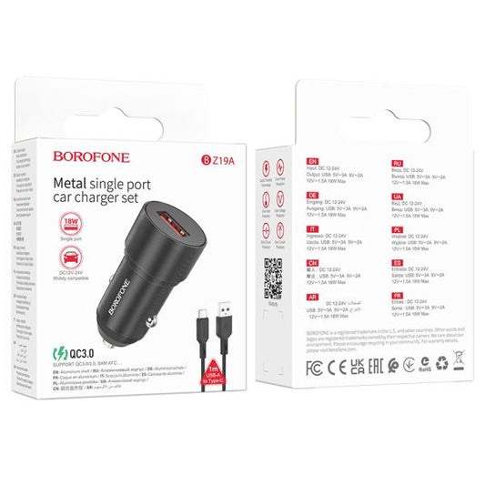 BOROFONE BZ19A Wisdom Single Port QC3.0 Car Charger Set(Type-C) - Black