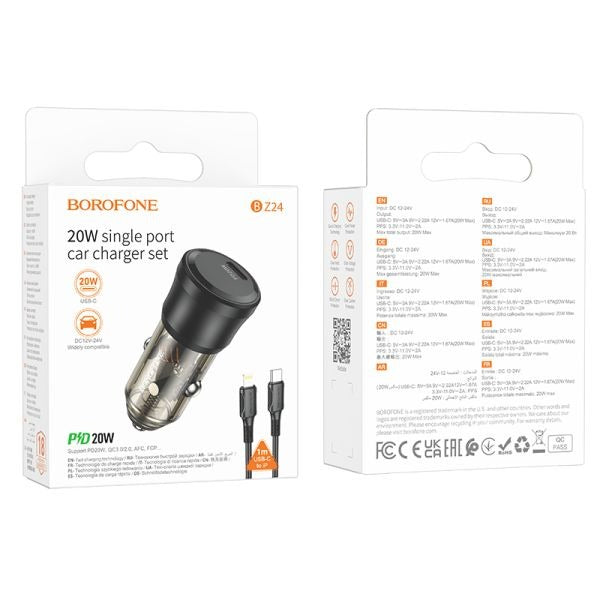 BOROFONE BZ24 Clever Single Port PD20W Car Charger Set(C to iP) - Transparent Black