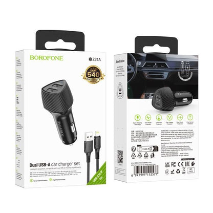 BOROFONE BZ31A Solid Dual-Port Car Charger Set(iP) - Black