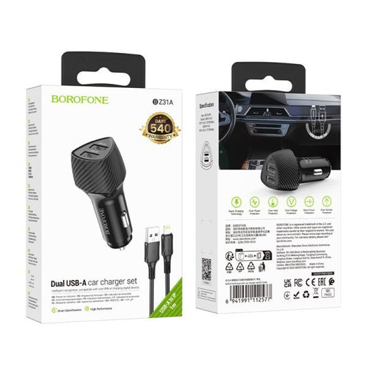 BOROFONE BZ31A Solid Dual-Port Car Charger Set(iP) - Black