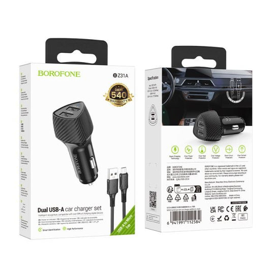 BOROFONE BZ31A Solid Dual-Port Car Charger Set(Micro) - Black