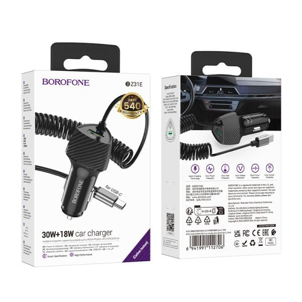 BOROFONE BZ31E Solid PD30W+QC3.0 Car Charger with Cable(Type-C) - Black
