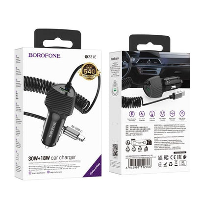 BOROFONE BZ31E Solid PD30W+QC3.0 Car Charger with Cable(Type-C) - Black