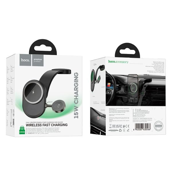 hoco. HW28 Excelso 2-in-1 Wireless Fast Charging Car Holder Center Console (MagSafe Compatible) - Black Gray