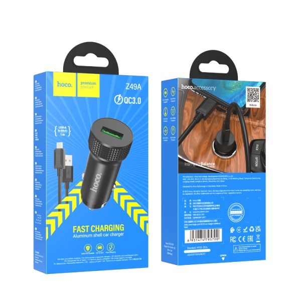 hoco. Z49A Level Single Port QC3.0 Car Charger Set Micro - Black