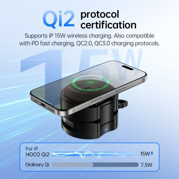 hoco. DWQ02 Qi2 3 in 1 Aluminum Alloy Foldable Wireless Charger with Retractable Cable - Black