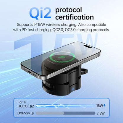 hoco. DWQ02 Qi2 3 in 1 Aluminum Alloy Foldable Wireless Charger with Retractable Cable - Black
