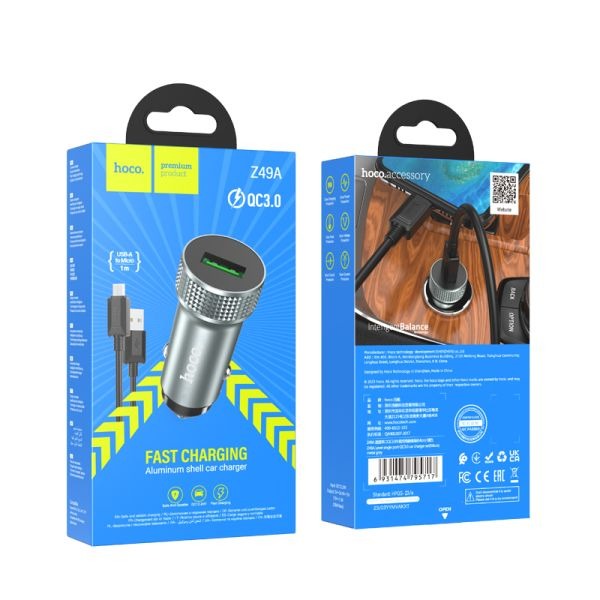 hoco. Z49A Level Single Port QC3.0 Car Charger Set Micro - Metal Gray